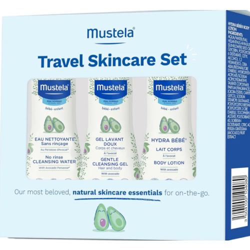 Mustela Travel Skinscare Set - Baby Skin Care & Bath Time Set - TSA-Approved - Natural & Plant-Based - Natural Avocado - 3 Items Set - Refillable & Reusable 1.69 Fl. Oz. Bottles