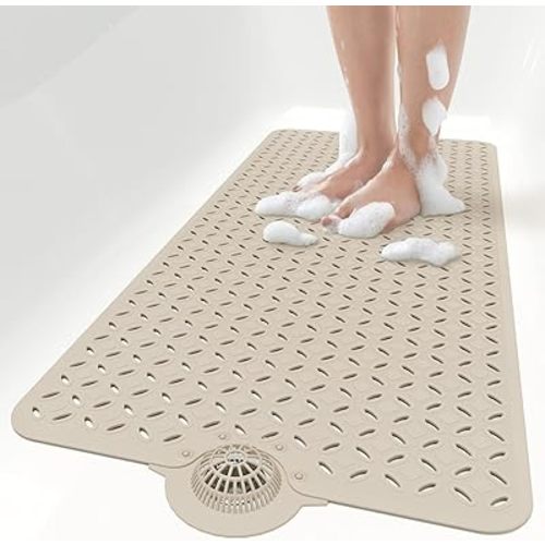 OTHWAY Bath Mat for Tub Non Slip: 39" X 17" Long Bathtub Mat with Hair Catcher│Big Drain Holes Shower Mats for Inside Shower│Machine Washable (Brown)