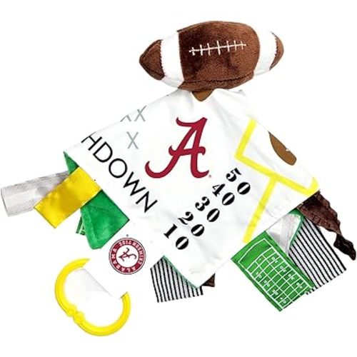 Alabama College Crinkle Learning Lovey Sensory Plush Blanket - Tag Toys for Babies - Baby Stroller Toys - Sports Team Pride MVP Registry Gift w/Stroller Clip (10x10 Football)