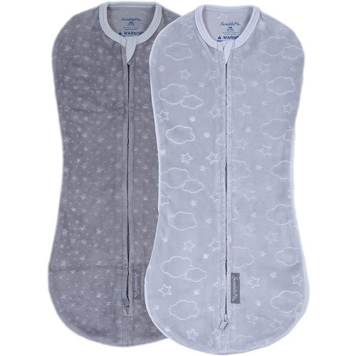 SwaddleMe by Ingenuity Compression Baby Swaddle Pod in Velboa, Two-Way Zipper for Easy Diaper Changes, Improves Sleep & Calms Startle Reflex, 0-2 Months, 1.0 TOG, 2-Pack - Clouds & Stars