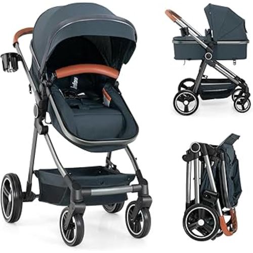 INFANS 2 in 1 Baby Stroller, Newborn Convertible Stroller Bassinet for Infant, Foldable High Landscape Shock Absorption with Reversible Seat, Aluminum Structure for Toddler Pushchair 0-36 Month