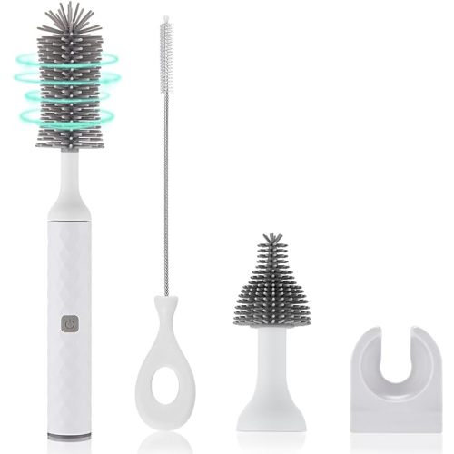 Electric Bottle Brush Cleaner Set, Baby Bottle Brush Cleaner with 4 Piece Silicone Brush for Bottle,Pacifier,Straw, USB Charged Water Bottle Brush Cleaner 360°high-Speed Rotation Cleaning, 1500mAh - White