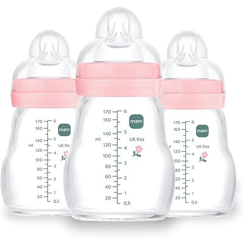MAM Premium Glass Baby Bottles, Easy Switch Between Breast and Bottle, Feel Good Slow Flow, Newborn Essentials Must Have, 0+ Months, BPA Free, 6oz, Girl, 3 Pack