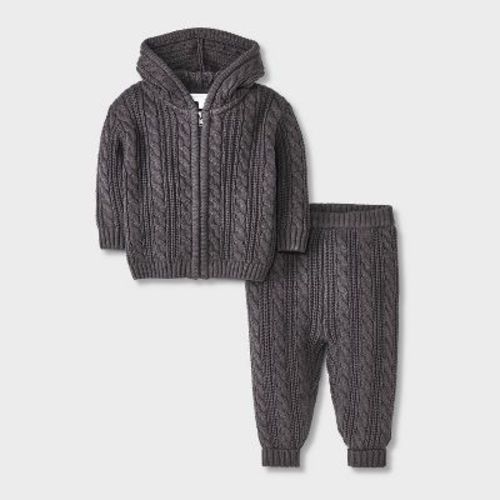Grayson Mini Baby Cable Zip-up Sweater Set - Dark Gray 6-9m