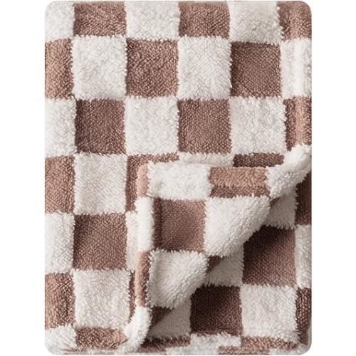 Checkered Baby Blanket Neutral Ultra Soft Baby Blanket Fuzzy Cozy Baby Blankets Warm Comfort Reversible Baby Bed Blanket for Toddlers Infant or Newborn (Brown)
