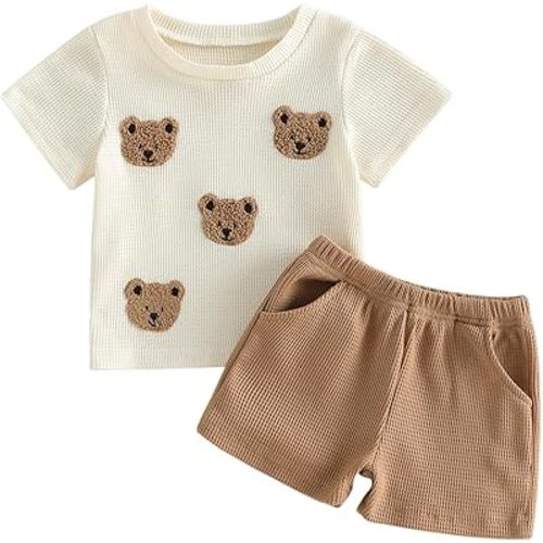 Baby Boy Summer Clothes Bear Embroidery Crew Neck Waffle Short Sleeve Tops Shorts Set 2pcs Toddler Boy Outfits