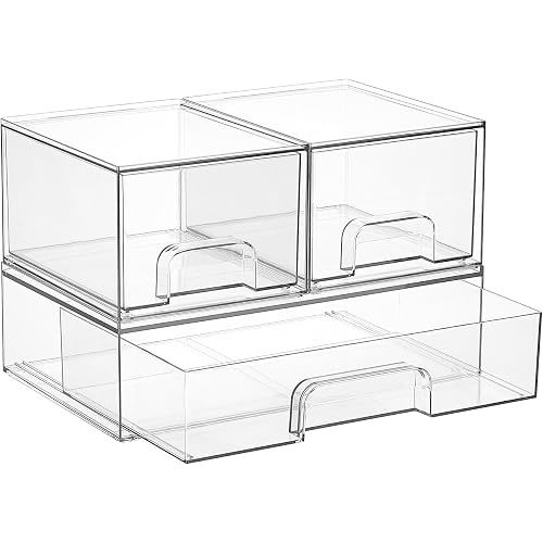 Vtopmart Stackable Storage Drawers Set of 3,Clear Plastic Organizer Bins for Makeup, Cosmetics, Beauty Supplies,Ideal for Vanity, Bathroom,Cabinet,Pantry Organization
