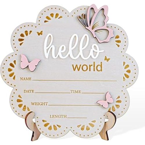 Wooden Baby Announcement Sign Butterfly Hello World Newborn Welcome Sign Birth Name Plaques for Photo Props Baby Shower Hospital Nursery (Butterfly1)