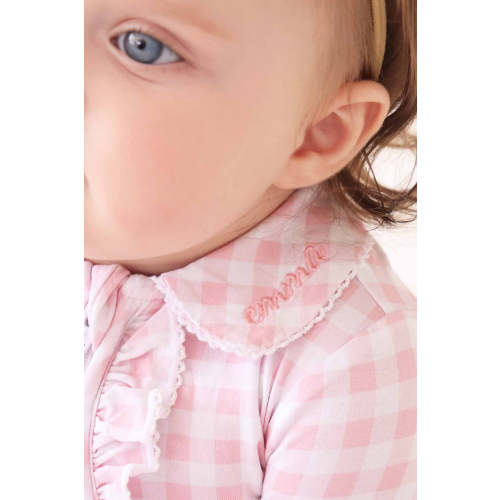 Peter Pan Collar Ruffle Zipper Footie in Rosy Gingham | Caden Lane