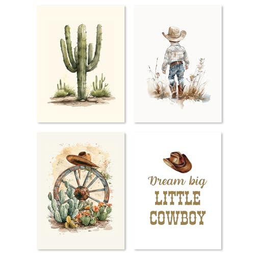 Hxlac Western Cowboy Wall Art Prints Set of 4 Unframed - Desert Cactus Hats Wall Decor for Toddler Kid Boy Room, Dream Big Little Cowboy (12x16Inches)