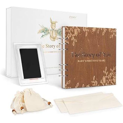 Wooden Keepsake Baby Memory Book Box Boys & Girls, First 5 Years Baby Milestone Book Gender Neutral Journal Memory Scrapbook, Baby Shower Keepsake Gift Set (Included Ink Pad/Keepsake Bags/Envelopes)