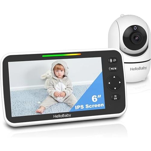 HelloBaby 6'' World First IPS 30H Battery Split-Screen Video Baby Monitor with Camera and Audio, No WiFi, Pan-Tilt-Zoom, VOX, 2-Way Talk, Night Vision, 8 Lullabies, 1000ft, for New Parents/Elderly