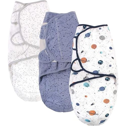 Hudson Baby Unisex Baby Quilted Cotton Swaddle Wrap 3pk, Space, 0-3 Months
