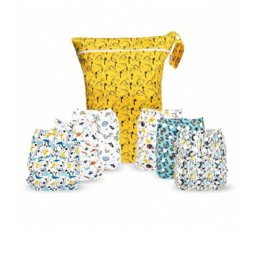6ct Reusable Cloth Diapers, One Size Adjustable, Washable Soft Absorbent, Waterproof Cover, 4-layers Microfiber Inserts (dinosaur) - Simple Being