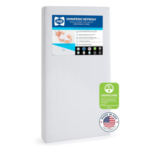 SEALY BABY OmniPedic Refresh Breathable 2 Stage Waterproof Crib Mattress Plus Toddler Bed Fit, Removable Knit Cover, GREENGUARD Gold Certified, Safety & Quality Tested, Made in USA, 52X28 -White