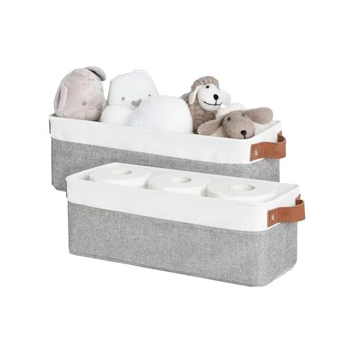StorageWorks Narrow Storage Bins, Small Baskets for Organizing, Long Storage Basket with Handles, Fabric Storage Bins for Shelf, Grey and White, 2-Pack