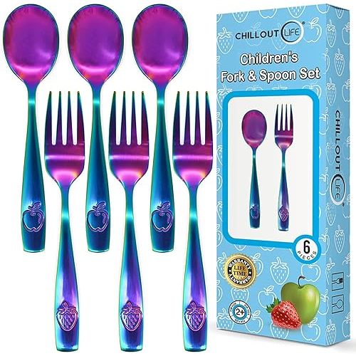 CHILLOUT LIFE Stainless Steel Kids Silverware Set 6 Pieces - Child and Toddler Safe Flatware - Kids Utensil Set - Metal Kids Cutlery Set (Includes 3 Small Kids Spoons & Kids 3 Forks, UV Rainbow)