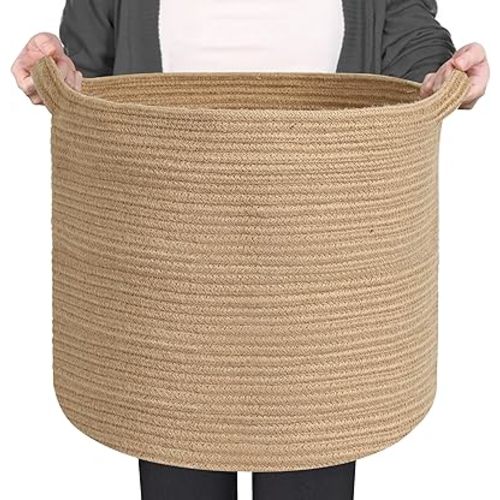 Large Wicker Storage Basket, 16" x 14" Jute Woven Basket with Handle, Living Room Blanket Storage, Big Wicker Laundry Basket, Kids Toy Bin Box Organizer, Decorative Round Baskets for Decor