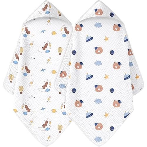 Baby Bath Towels, 100% Muslin Cotton Hooded Baby Towels for Newborn, 2 Pack Baby Towels with Hood for Infant Toddler and Kids, Large 32x32Inch, Soft and Absorbent