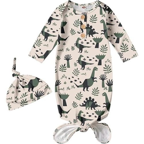 AMAWMW Newborn Baby Boys Girls Cartoon Sleeper Gown Long Sleeve Mountain Nightgown Hat Outfits