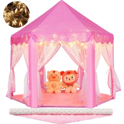 Monobeach Princess Tent Girls Large Playhouse Kids Castle Play Tent with Star Lights Toy for Children Indoor and Outdoor Games, 55'' x 53'' (DxH) (Pink Princess Tent with Play Mat)