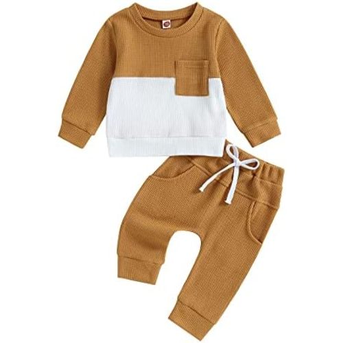 Baby Boy Clothes Fall Winter Outfits Waffle Knit Contrast Color Sweatshirt Top Casual Pants Set Toddler 2Pcs Outfit