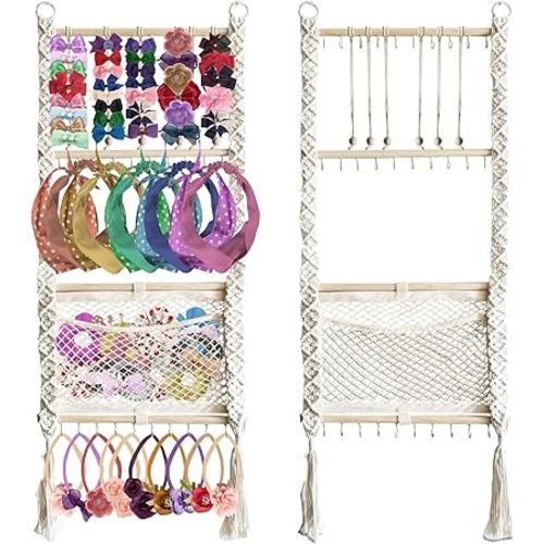 Headband Holder, Hair Bow Organizer for Girls, Large capacity bow hanger for baby girl, Handmade Macrame hair accessories organizer, bow holder, hair clip holder, Boho Wall Decor storage nursery room
