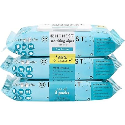 The Honest Company Sanitizing Alcohol Wipes | Kills 99% of Germs, Made With Aloe | Unscented, 150 Count (3 Packs of 50)