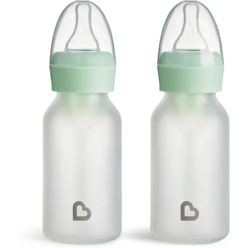 Munchkin Bond Silicone Coated Glass Baby Bottles - Anti-Colic Feeding System with Natural Feel Nipples, 4 Ounce, 2 Pack, Mint/Green
