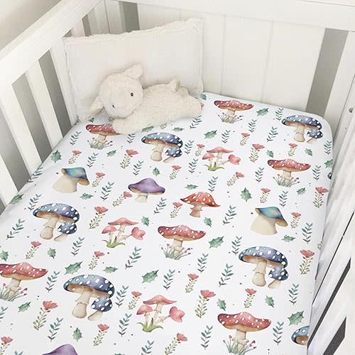 Watercolor Mushroom Forest Baby Crib Sheets 52''x28'' Colorful Mushroom Floral Leaves Snug Fitted Crib Mattress Cover for Boy Girl Woodland Fantasy Soft Nursery Bed Toddler Mattresses Sheets