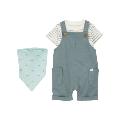 Baby 3-Piece Striped Shortall Set - Blue
