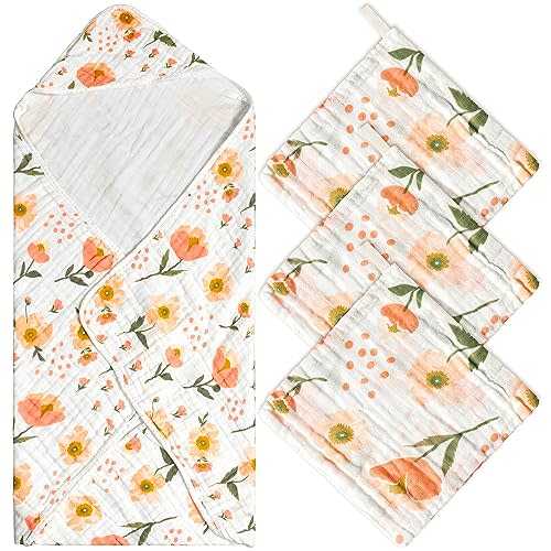 Zainpe 4Pcs Muslin Baby Hooded Towel & Washcloth Set Flowers Soft Absorbent Bath Towels Cotton Hand Towels Infant Shower Gifts for Newborn Toddler Boys Girls Feeding Teething Sleeping 31.5 X 31.5 in