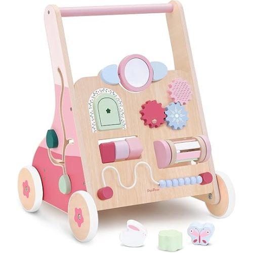 PairPear Wooden Baby Walker Push and Pull Learning Activity Walker,Toddler Sit to Stand Push Walker Toys Gift for Baby Boys and Girls 12 m+ (Pink Rabbit)