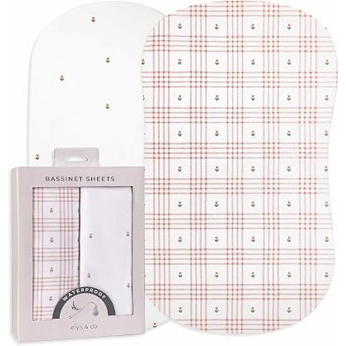 Ely's & Co. Waterproof Bassinet Sheets 2 Pack Baby Girl 100% Cotton Fitted Sheets 32 x 16 Pink Floral Plaid Soft Breathable Jersey Knit with Waterproof Lining Fits Bassinet
