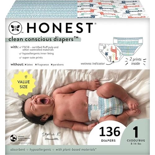 The Honest Company Clean Conscious Diapers | Plant-Based, Sustainable | Dots & Dashes + Multi-Colored Giraffes | Super Club Box, Size 1 (8-14 lbs), 136 Count