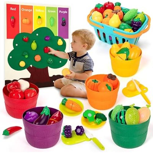 Play Food Set for Kids with Color Sorting Buckets &Felt Tree Mat