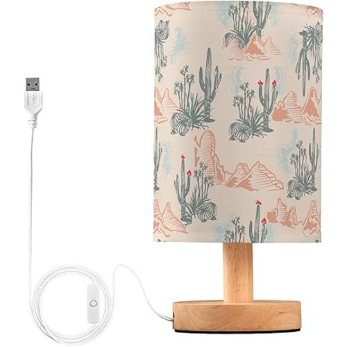 Western Desert Cactus Mountains Bedside Table Lamp Nightstand Lamp with Wood Base Night Light Linen Fabric Shade for Bedroom Living Room Nursery Office Desk