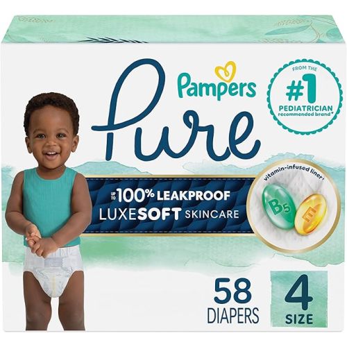 Pampers Pure Baby Diapers, Size 4 (22-37 lbs), 58, Up to 100% Leakproof, Premium Hypoallergenic Soft Diapers