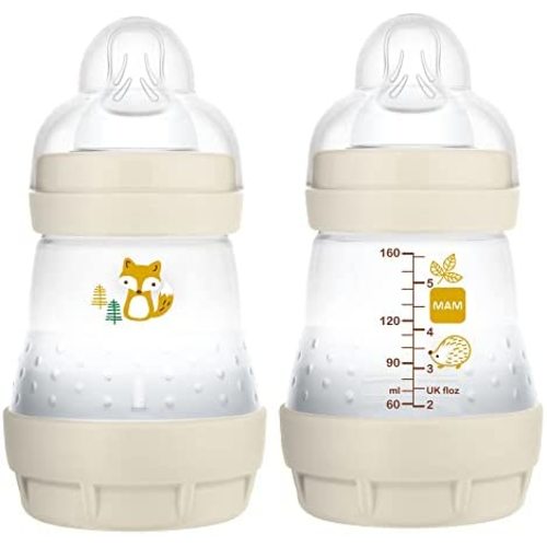 MAM Easy Start Anti Colic 5 oz Baby Bottle, Easy Switch Between Breast and Bottle, Reduces Air Bubbles and Colic, 2 Pack, Newborn, Matte/Unisex