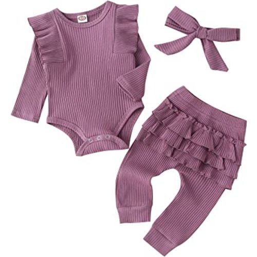 Fullfamous Baby Girl's 3pc Rib Frill Long Sleeve Romper and Pant Set