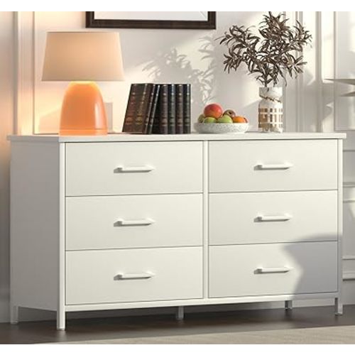 IKENO 6 Drawer White Dresser, Industrial Wood Dresser for Bedroom, Sturdy Steel Frame