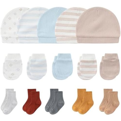 Newborn Baby Boy Girl Caps Mittens Socks Set Cotton Baby Essentials Accessories (Hats+Gloves+Socks)