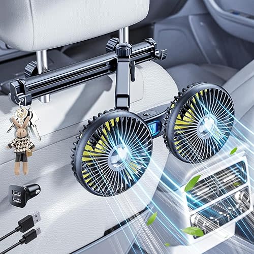 Car Fan for Backseat Kids Baby Dog, Dual Head Battery Powered Fan for Car Seat Headrest SUV Van Pickup RV Vehicle - Slidable Extension Arm 360 Rotatable Strong 3 Speed 2 Hidden Car Hook