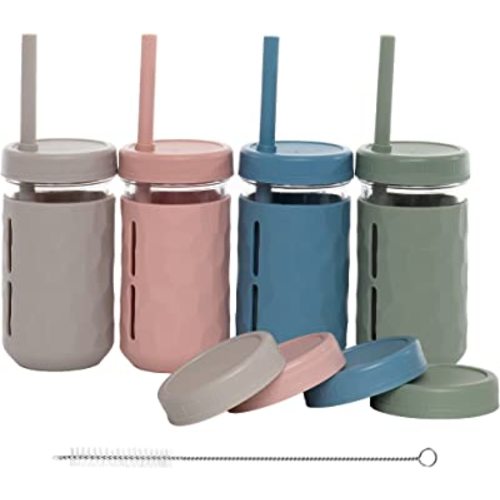 WeeSprout Glass Cups With Lids & Straws, Spill-resistant Cups for Toddlers & Kids, Triple as Toddler Cups, Baby Food Storage & Snack Jars, XL Silicone Straws, Easy-grip Sleeves, Set of four 12 oz jars
