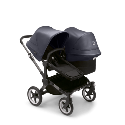 Bugaboo Donkey 5 Duo bassinet and seat stroller graphite base, midnight black fabrics, stormy blue sun canopy