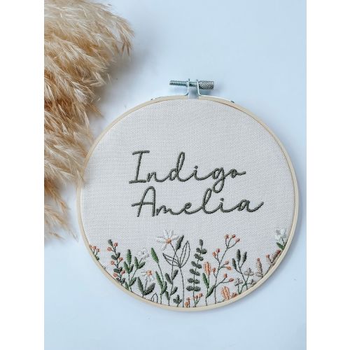 Embroidered Hooped Wildflower Floral Birth Announcement Sign- Custom Baby Name Sign