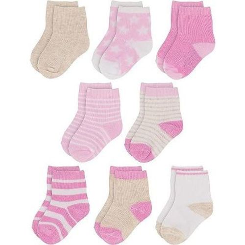 Rising Star Infant Socks for Baby Girls, Crew Ankle Cotton Infant Socks 0-6 months- 8 pack (Pink Patterns)