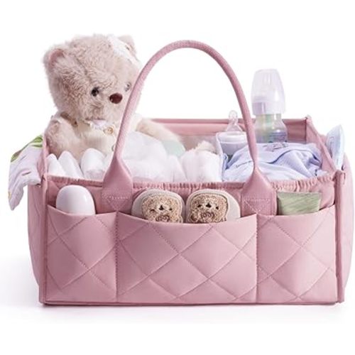 CEI-CEI Baby Diaper Caddy Organizer Large Nursery Storage Basket with Handles for Newborn Essentials, Portable Car Organizer for Diapers(Pink)
