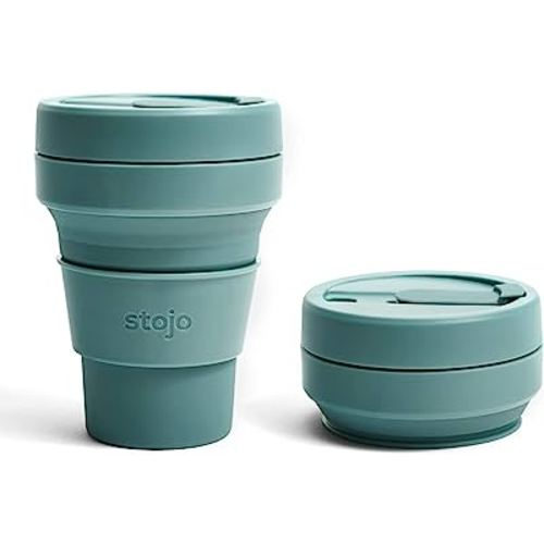 STOJO Collapsible Travel Cup - Eucalyptus, 12oz / 355ml - Reusable to-Go Pocket Size Silicone Cup for Hot and Cold Drinks - Perfect for Camping and Hiking - Microwave & Dishwasher Safe