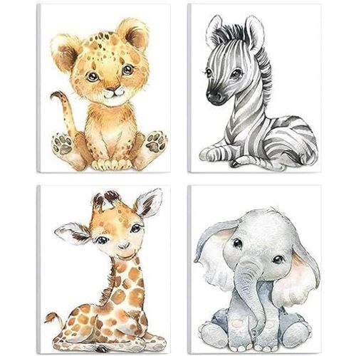 Woodland Animals Wall Art Framed Canvas Prints Watercolor Zebra Fawn Tiger Elephant Baby Cartoon Artwork Decor for Living Room Bedroom Nursery(Set of 4, 8 x 10 inch)